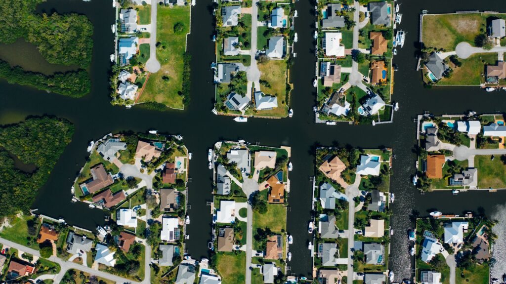 View overlooking a man-made canal system designed to serve waterfront homes in Florida