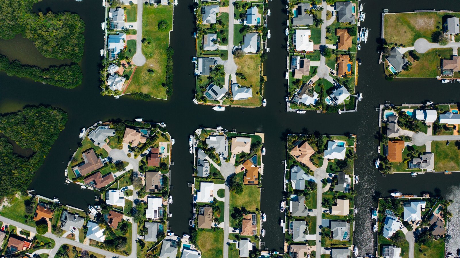View overlooking a man-made canal system designed to serve waterfront homes in Florida